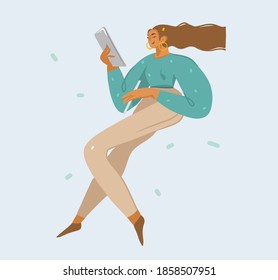 Hand drawn vector stock abstract graphic illustrations t with young girl uses tablet computer isolated on white background