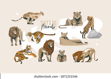 Hand drawn vector stock abstract flat graphic illustration with African wild lion and lioness,cheetah,jaguar and tigers in the wild collection set,cartoon animal design isolated on white background