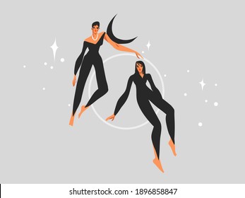 Hand drawn vector stock abstract flat graphic illustration with astrological sign with beauty magic females aerial circus gymnast cartoon artistic design isolated on white background