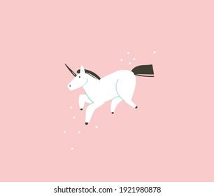 Hand drawn vector stock abstract flat cartoon graphic illustration with wizard simple style funny white unicorn isolated on pink pastel background