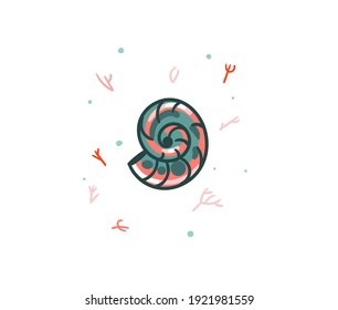 Hand drawn vector stock abstract flat cartoon graphic illustration with tropical summer ocean underwater funny sea shell isolated on white background