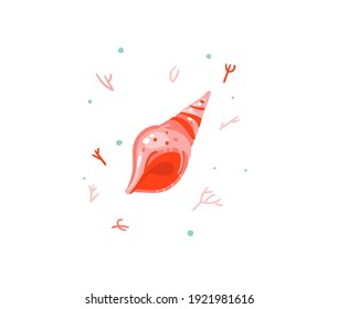 Hand drawn vector stock abstract flat cartoon graphic illustration with tropical summer ocean underwater funny sea shell isolated on white background