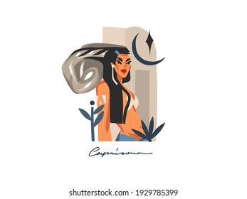 Hand drawn vector stock abstract flat graphic illustration with zodiac astrological contemporary sign Capricorn with beauty magic female character,cartoon artistic design isolated on white background