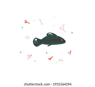 Hand drawn vector stock abstract flat cartoon graphic illustration with tropical summer ocean underwater funny fish isolated on white background