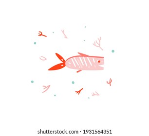 Hand drawn vector stock abstract flat cartoon graphic illustration with tropical summer ocean underwater funny fish isolated on white background