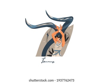 Hand drawn vector stock abstract flat graphic illustration with zodiac astrological contemporary sign Taurus with beauty magic female character,cartoon artistic design isolated on white background