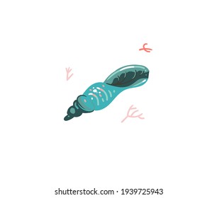 Hand drawn vector stock abstract flat cartoon graphic illustration with tropical summer ocean underwater funny sea shell isolated on white background