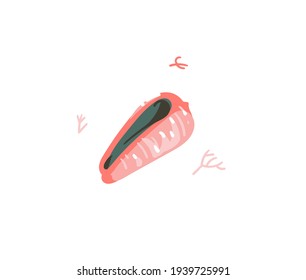 Hand drawn vector stock abstract flat cartoon graphic illustration with tropical summer ocean underwater funny sea shell isolated on white background