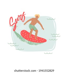 Dibujo gráfico abstracto de material vectorial de mano con surfista joven con cuerpo muscular delgado recorre la onda tropical aislado en fondo de color