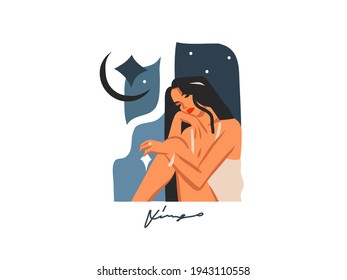 Hand drawn vector stock abstract flat graphic illustration with zodiac astrological sign Virgo with beauty magic female collection ,cartoon artistic design isolated on white background.