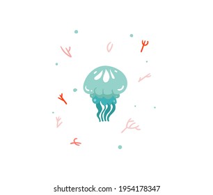 Hand drawn vector stock abstract flat cartoon graphic illustration with tropical summer ocean underwater funny jellyfish isolated on white background