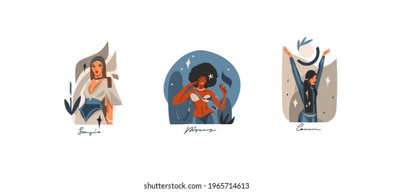 Hand drawn vector stock abstract graphic illustrations with zodiac astrological contemporary water signs collection set,beauty magic female characters,clipart boho design isolated on white background
