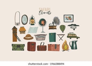 Hand drawn vector stock abstract flat graphic illustration African Safari collection set,with travel journey elements equipment and objects,cartoon design isolated on white background