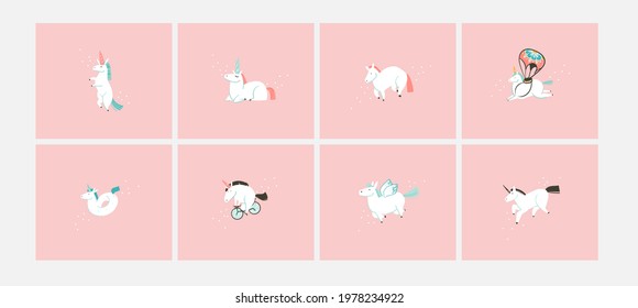 Hand drawn vector stock abstract flat cartoon graphic illustrations cards collection set with wizard simple style funny white unicorn isolated on pink pastel background
