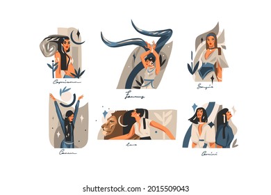 Hand drawn vector stock abstract graphic illustrations with zodiac astrological contemporary signs collection set,beauty magic female characters,clipart boho design isolated on white background.