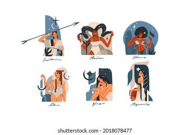 Hand drawn vector stock abstract graphic illustrations with zodiac astrological contemporary signs collection set,beauty magic female characters,clipart boho design isolated on white background