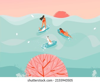 Hand drawn vector stock abstract graphic illustration with a swimming surfer girls in ocean waves landscape and sundown view isolated on blue background.