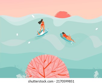 Hand drawn vector stock abstract graphic illustration with a swimming surfer girls in ocean waves landscape and sundown view isolated on blue background.Boho feminine design concept art.