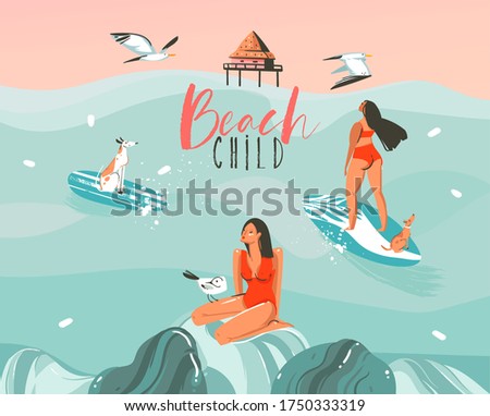 Hand drawn vector stock abstract graphic illustration with a surfer women surfing with a dog and seagulls isolated on ocean wave landscape background