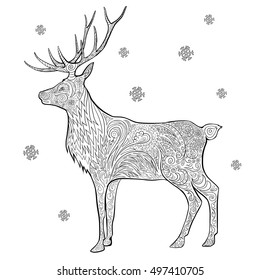 Hand drawn vector stock illustration of Christmas deer in doodle style for anti stress adult coloring book.