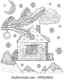 Hand drawn vector stock illustration of Christmas fir with decoration in form a house and balls in doodle style for anti stress adult coloring book.