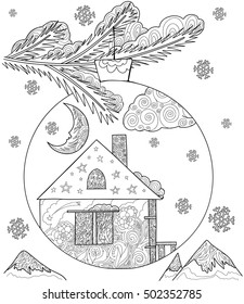 Hand drawn vector stock illustration of Christmas fir with decoration in form a house in ball in doodle style for anti stress adult coloring book.