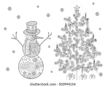 Hand drawn vector stock illustration of Christmas tree and snowman in doodle style for anti stress adult coloring book.