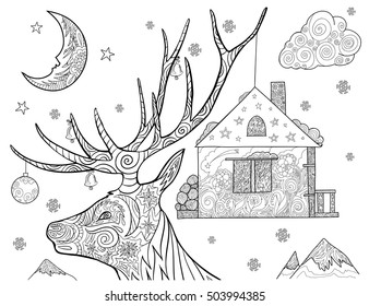 Hand drawn vector stock illustration of head Christmas deer with decoration in form a house and balls in doodle style for anti-stress adult coloring book. Crescent and stars in the sky.