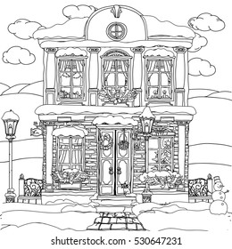 Hand drawn vector stock illustration of a house with Christmas decoration by wreath, a snowman and balls in doodle style for anti stress adult coloring book.