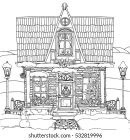 Hand drawn vector stock illustration of a house with Christmas decoration by wreath, a snowman and balls in doodle style for anti stress adult coloring book.