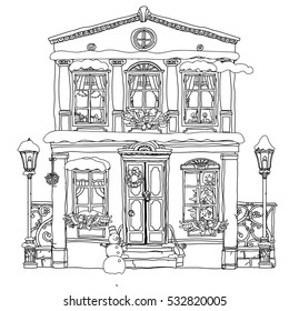 Hand drawn vector stock illustration of a house with Christmas decoration by wreath, a snowman and balls in doodle style for anti stress adult coloring book.