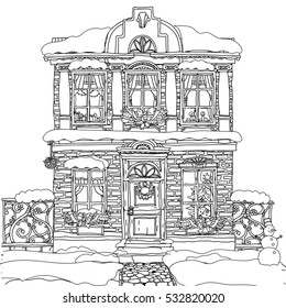 Hand drawn vector stock illustration of a house with Christmas decoration by wreath, a snowman and balls in doodle style for anti stress adult coloring book.