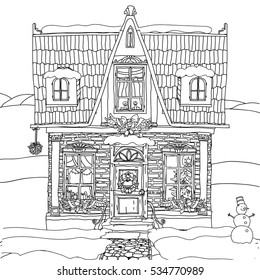 Hand drawn vector stock illustration of a house with Christmas decoration by wreath, a snowman and balls in doodle style for anti stress adult coloring book.