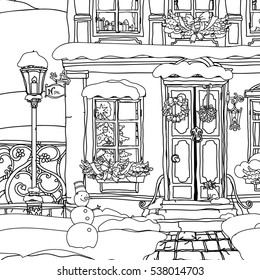 Hand drawn vector stock illustration of Christmas decoration by wreath, a snowman and balls on windows and door of the house facadein doodle style for anti stress adult coloring book.