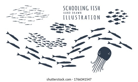 Hand drawn vector stock illustrations. Set of schooling fish. Flocks of the sea fish. Perfect for your design.