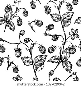 Hand drawn vector strawberry branches pattern. Strawberry graphic textile pattern. Berry background. Strawberry sketch illustration.