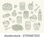Hand drawn vector strawberry dessert set: cake, pie, pastry, eclair, ice cream scoops, jam jars, berries, and syrup. Perfect for bakery, menu, packaging, and sweet design projects