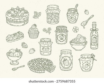 Hand drawn vector strawberry dessert set: cake, pie, pastry, eclair, ice cream scoops, jam jars, berries, and syrup. Perfect for bakery, menu, packaging, and sweet design projects