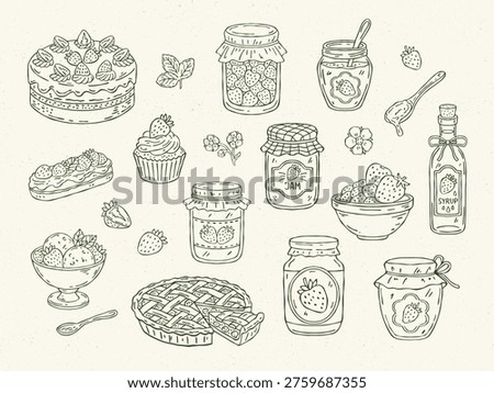 Hand drawn vector strawberry dessert set: cake, pie, pastry, eclair, ice cream scoops, jam jars, berries, and syrup. Perfect for bakery, menu, packaging, and sweet design projects