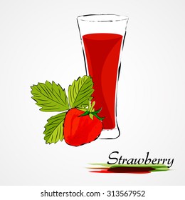 Hand drawn vector strawberry fruit with leaf and juice in glass on light background