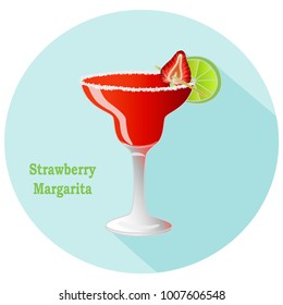 Hand drawn vector of strawberry Margarita alcohol tequila and triple sec cocktail with a citrus lime slice decoration with salt on the rim of glass, in a blue circle with a long shadow and text