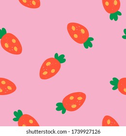 Hand drawn vector strawberry pattern in doodle style. Background with pink color.