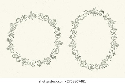 Hand drawn vector strawberry round and oval frames line art set with strawberries, berries, flowers and leaves. Outline monochrome illustrations perfect for invitations, prints and decorative projects