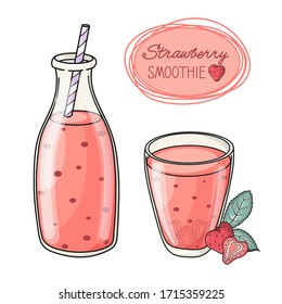 Hand drawn vector of strawberry smoothie or yogurt served in bottle and glass. Healthy food for breakfast and snack. Graphic texture for package, label, poster, menu, cafe, restaurant, advertising.