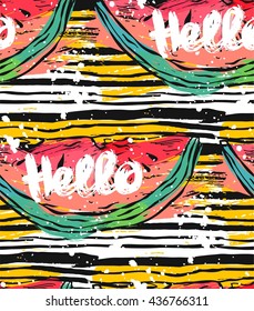 Hand drawn vector striped abstract textured pattern with watermelon and Hello lettering.Summer background,vector background,texture paper,texture background,summer pattern,watermelon slice.