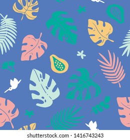 Hand drawn vector styled illustration of beach and tropical leaves. Summer mood modern tropical seamless patterns in pastel colors.