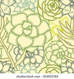 Hand drawn vector succulents seamless pattern. Pen graphic vintage illustration. Cute trendy design elements for decor needs.