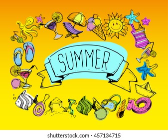 Hand drawn vector summer banner. Summer template banner. Vector illustration.