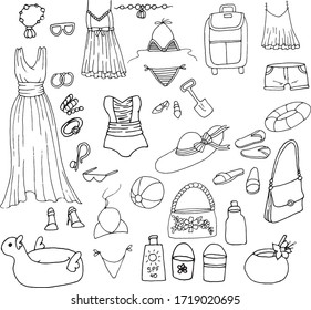 Hand drawn vector summer beach symbols, objects, clothes: swimsuits, lifebuoy, cocktail, beach bag, sunglasses, slates, sun screen. Doodle style illustration. Black outlines isolated on white.