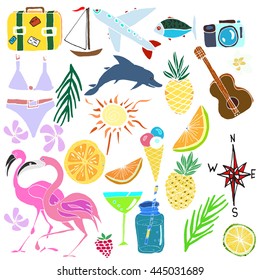 Hand drawn vector summer clip art. Sketches. Summer vacations. Tropical background.